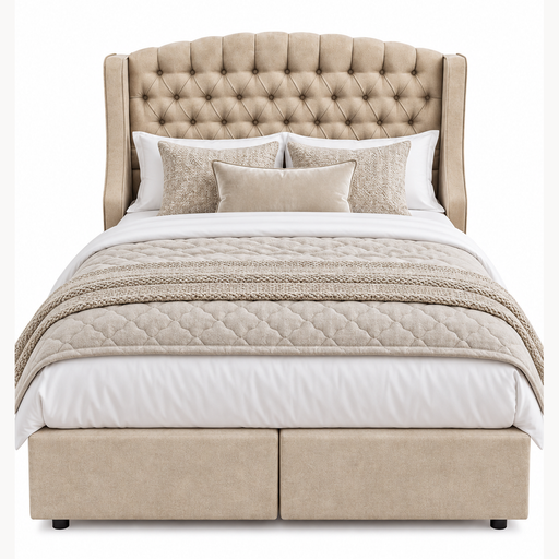 Ambassador Storage Bedframe in beige chenille with a tufted, arched headboard and two base storage options, styled with white linens and decorative pillows.