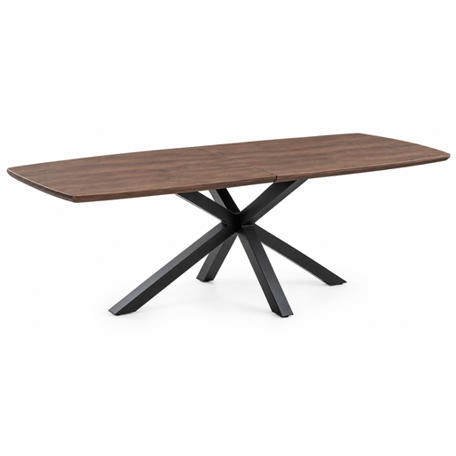 New York Dining table & 6 Macey Chairs featuring a rectangular wood top and a black metal X-shaped base.