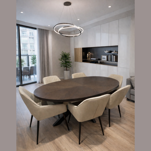 Modern dining room with the Samara Table & 6 Enzo Taupe Chairs, wood flooring, circular ceiling light, built-in shelves, indoor plants, and large windows with sheer curtains welcoming natural light into this stylish space.
