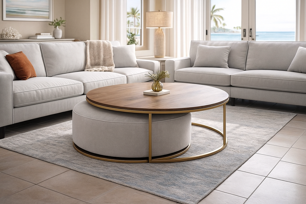A modern living room with light gray sofas, the Todi Round Coffee Table & Stool Set featuring a gold frame and wooden top, a beige rug, and large windows revealing palm trees and ocean views.