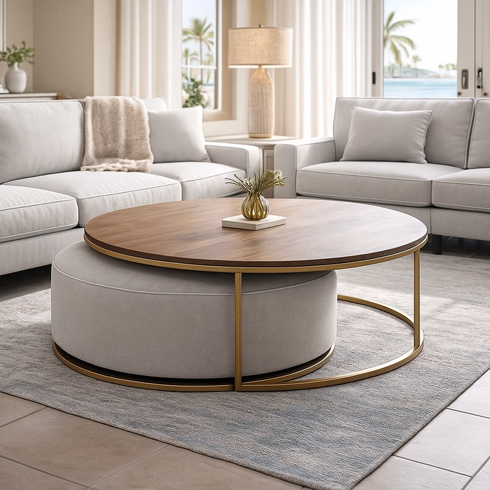A modern living room with light gray sofas, the Todi Round Coffee Table & Stool Set featuring a gold frame and wooden top, a beige rug, and large windows revealing palm trees and ocean views.