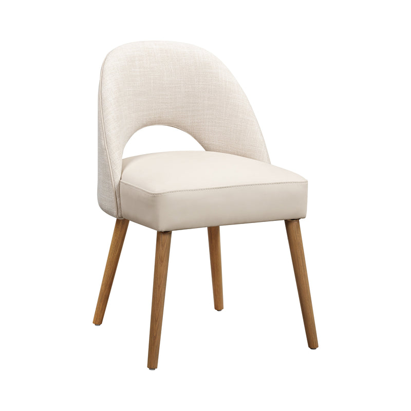 The Florence Dining Chair boasts light beige upholstery, an open lower backrest, and four wooden legs, making it a stylish modern addition to any contemporary space. Displayed on a plain white background.