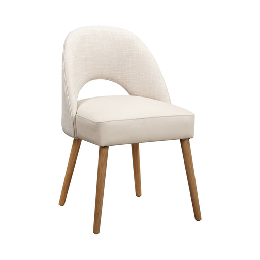 The Florence Dining Chair boasts light beige upholstery, an open lower backrest, and four wooden legs, making it a stylish modern addition to any contemporary space. Displayed on a plain white background.
