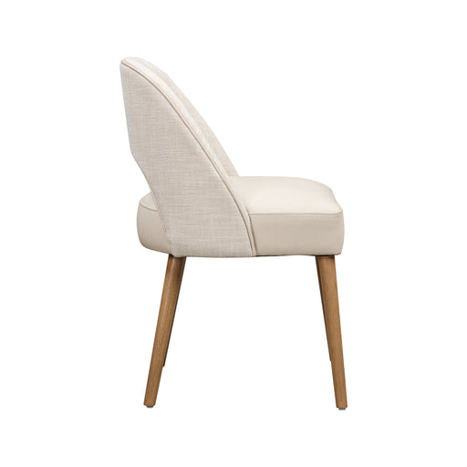 Side view of the Florence Dining Chair, a modern piece with an upholstered seat, curved backrest, and sturdy wooden legs, displayed against a plain white background.