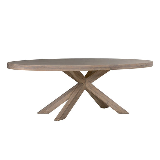 The Falun Oval Table is a contemporary dining piece featuring a smooth wooden top and a distinctive angled pedestal base crafted from intersecting wooden beams.