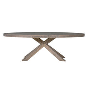 Round dining table with a concrete top and wooden base on a white background.