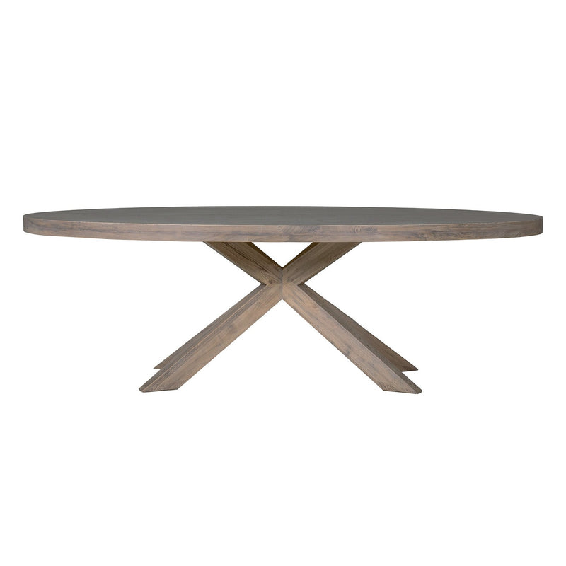 Round dining table with a concrete top and wooden base on a white background.