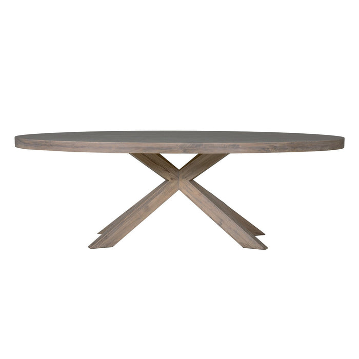 Round dining table with a concrete top and wooden base on a white background.