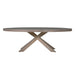 Round dining table with a concrete top and wooden base on a white background.