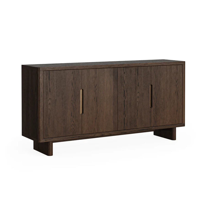 A modern dark oak sideboard with handle-less brass plates and a brush finished texture.