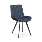 The George dining chair by vendor-unknown features a modern industrial design with a dark blue, vertically-stitched cushioned seat and backrest, supported by four slender, angled black metal legs.