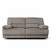 The Gibson Electric Recliner is a plush, grey washable fabric sofa with wide padded armrests and a soft cushioned backrest, shown from the front against a white background. This electric recliner combines comfort, convenience, and style in one piece.