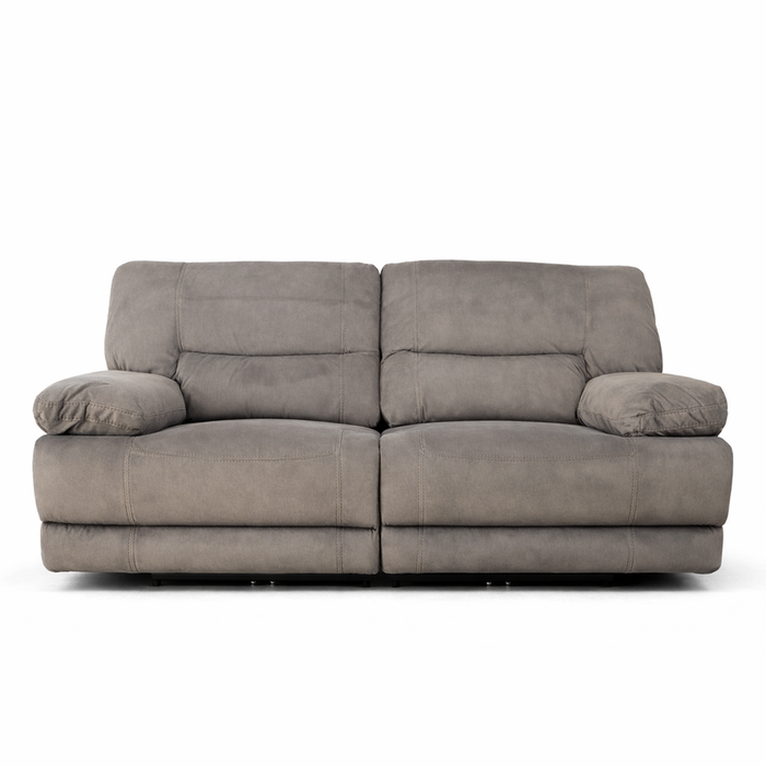 The Gibson Electric Recliner is a plush, grey washable fabric sofa with wide padded armrests and a soft cushioned backrest, shown from the front against a white background. This electric recliner combines comfort, convenience, and style in one piece.
