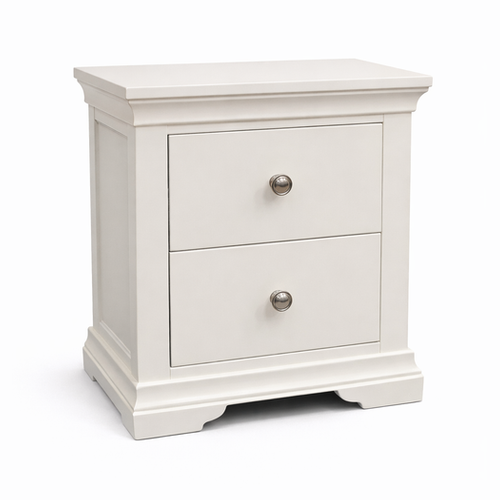 Part of the Malmo Locker range, this white wooden nightstand features paneled sides and two drawers, providing a classic and durable storage solution for your bedroom.