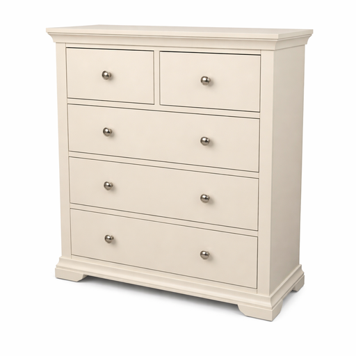 The Malmo Tall Chest of Drawers, part of the Malmo Bedroom Collection, is a cream 5-drawer chest with two small top drawers and three large bottom drawers, all with round metal knobs—a stylish storage piece shown on a white background.