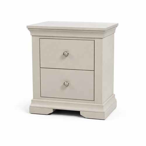 The Malmo Locker is a light gray wooden nightstand from the Malmo Bedroom Collection with two drawers, round silver knobs, a flat top, and a slightly raised base—offering classic style and sturdy, durable storage for your bedroom.