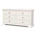 The Malmo Wide Chest of Drawers is a white wooden unit with 6 drawers, round metal knobs, and short sturdy legs—ideal for modern bedroom storage solutions.