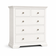 Part of the Malmo Bedroom Collection, the Malmo Tall Chest Of Drawers offers ample bedroom storage with 5 drawers, a classic white wooden finish, round metal knobs, and decorative molding for a timeless look.