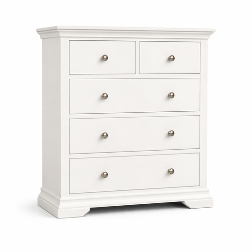 Part of the Malmo Bedroom Collection, the Malmo Tall Chest Of Drawers offers ample bedroom storage with 5 drawers, a classic white wooden finish, round metal knobs, and decorative molding for a timeless look.