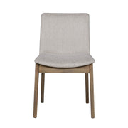 The Falun Dining Chair features a light beige fabric seat and backrest, solid oak legs, and a minimalist design. Photographed facing forward on a white background.
