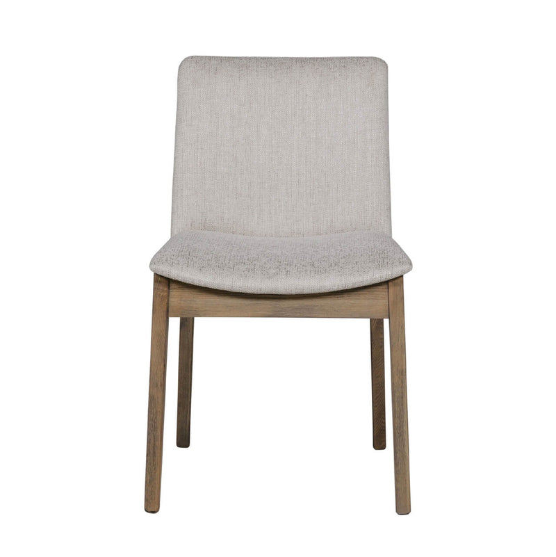The Falun Dining Chair features a light beige fabric seat and backrest, solid oak legs, and a minimalist design. Photographed facing forward on a white background.