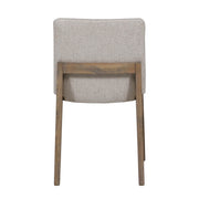 The Falun Dining Chair features a beige fabric seat, solid oak legs, and a rectangular backrest. Shown from the back, its straight wooden legs create a sleek, modern look.