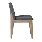 A side view of the Falun Dining Chair featuring solid oak legs and a dark gray fabric seat and backrest, set against a plain white background.