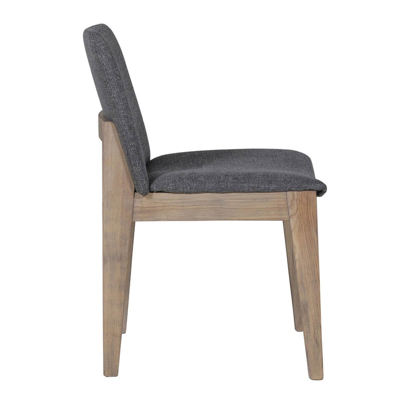 A side view of the Falun Dining Chair featuring solid oak legs and a dark gray fabric seat and backrest, set against a plain white background.