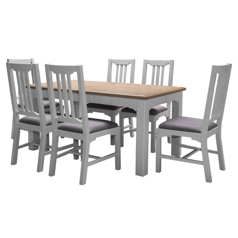 The Eden dining table features a rectangular washed natural oak top in light brown with white legs, paired with six white chairs with vertical slats and gray cushioned seats.