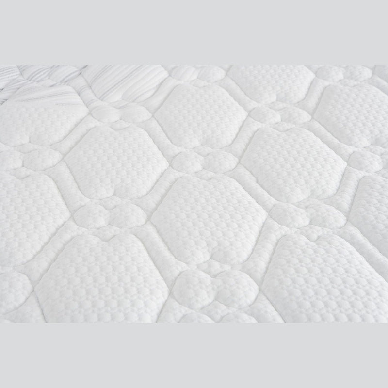 Close-up of the King Koil Paradise Mattress surface, featuring a soft, padded white fabric with a quilted hexagon and circle pattern. Flex-edge border supports and detailed stitching enhance comfort, support, and varied texture.