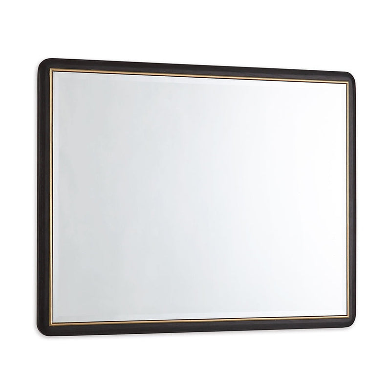 The Diletta Mirror is a rectangular ebony wood mirror with a dark, rounded frame and thin gold inner border, perfect as an elegant dressing table accent. Shown here against a white background.