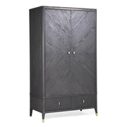 A 2 door 2 drawer wardrobe in an ebony wood finish with gold accents on the handles and feet.