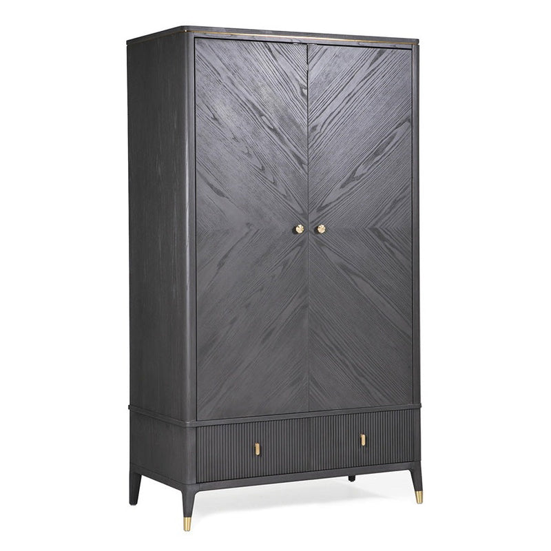 A 2 door 2 drawer wardrobe in an ebony wood finish with gold accents on the handles and feet.