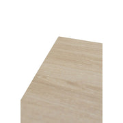 A close-up view of the corner of the Dalton 1.6 Extending Table’s light wood-effect tabletop, set against a plain white background.