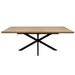 The Dalton 1.6 Extending Table features a rectangular wood-effect top and a black metal X-shaped base in an industrial style, presented against a white background.