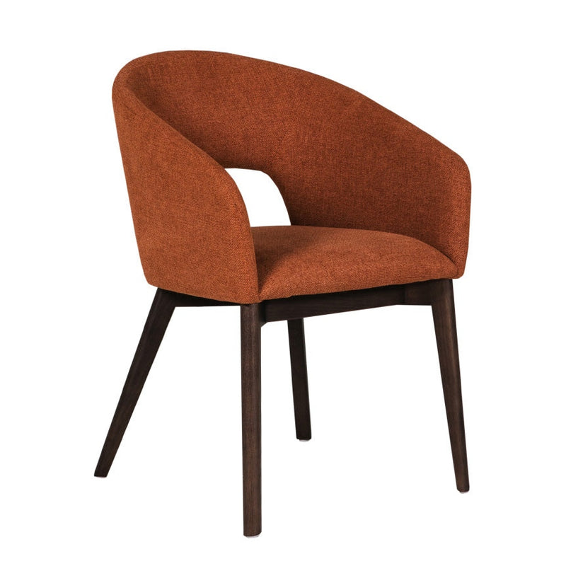 A brown bucket chair with upholstered fabric seat and dark wooden legs.