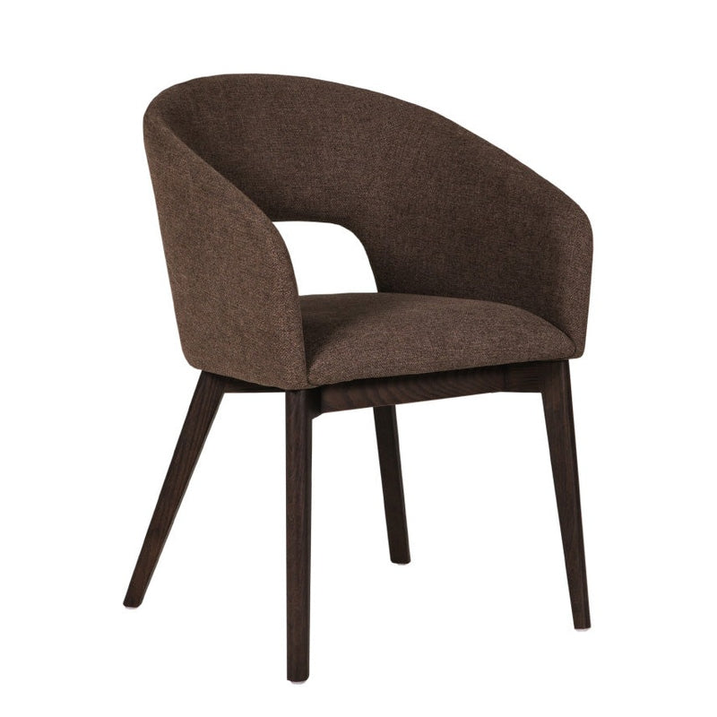 Contemporary curved armchair in a chocolate brown color.