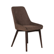 A sleek, modern Axton Dining Chair with dark brown fabric upholstery, angled backrest, and four wooden legs—perfect for minimalist spaces and pairing with the Axton table or other dining chairs.