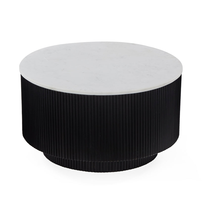 The Lucas Round Coffee Table features a white marble top and a black, vertically grooved cylindrical base.