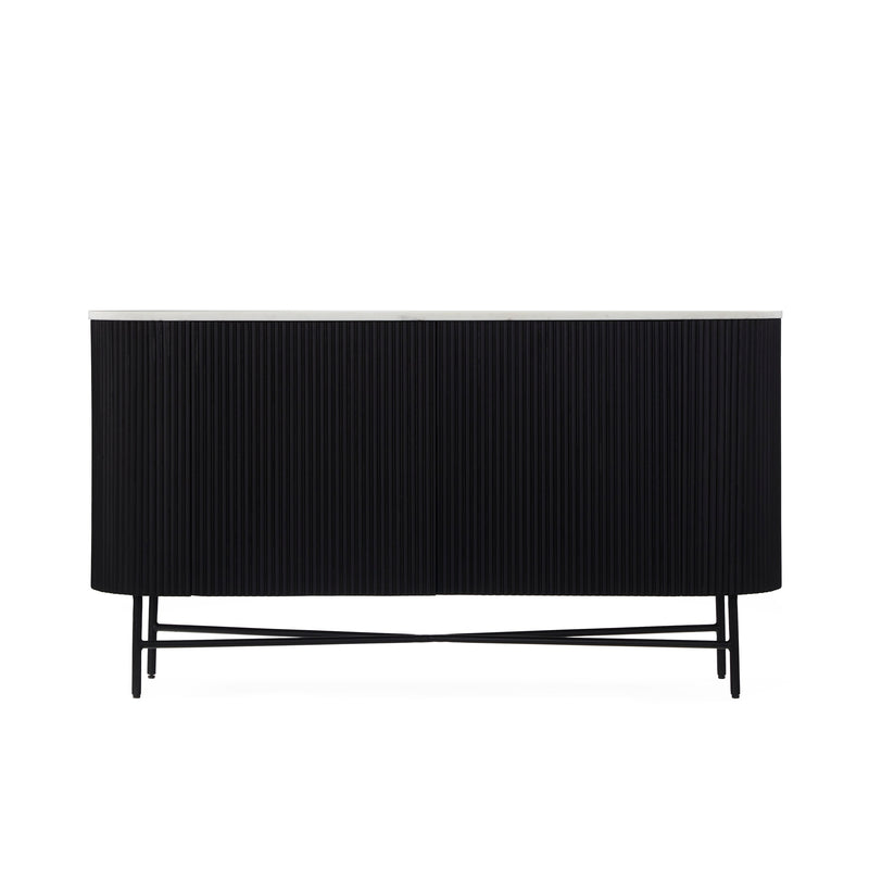 The Lucas Large Sideboard features a modern black finish with vertical grooves, a light-toned top, and slim black legs with crossbar support, beautifully showcased against a white background.