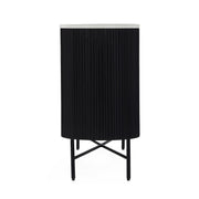 The Lucas Large Sideboard is a modern black sideboard with a ribbed cylindrical base, slim metal legs, and a white tabletop.