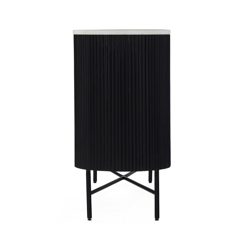 The Lucas Large Sideboard is a modern black sideboard with a ribbed cylindrical base, slim metal legs, and a white tabletop.