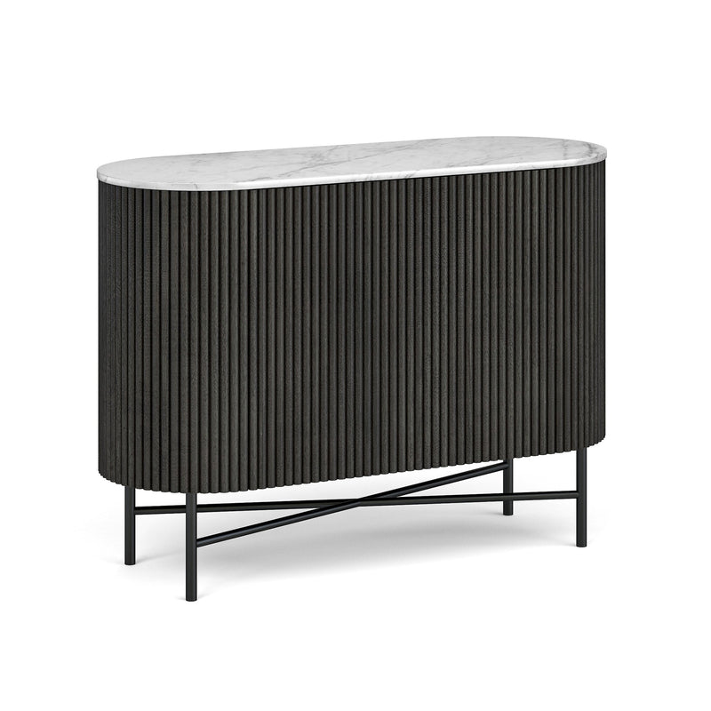 A modern small sideboard with a dark brown wooden body, a white marble top, and black metal legs.