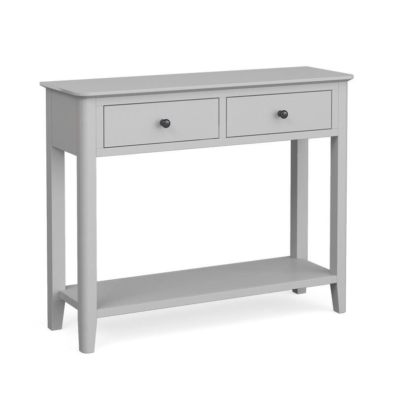 A gray console table with two drawers and a lower shelf.