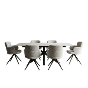 The Positano Table + 6 Orbit Chairs features a sleek sintered stone rectangular table and six cushioned light gray chairs with black angled metal legs, all styled minimally against a white background.