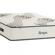 The Respa Jupiter mattress features a quilted white surface with black edge trim and abstract black wave patterns. The side displays the Respa brand. Foam encapsulation provides extra support and durability.