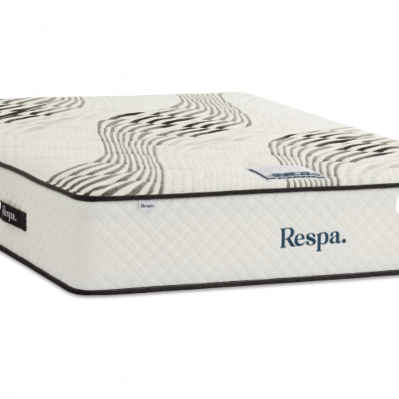 The Respa Jupiter mattress features a quilted white surface with black edge trim and abstract black wave patterns. The side displays the Respa brand. Foam encapsulation provides extra support and durability.