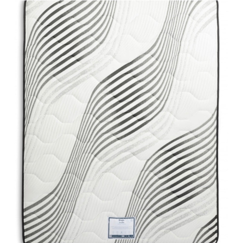 The Respa Jupiter mattress features a white surface with wavy gray and black lines, dark piped edges, and a blue label by one corner accentuating its advanced pocket spring system for superior support.