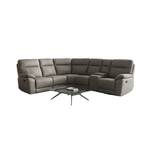The Jude Corner Sofa is a modern gray recliner sectional with reclining seats and washable fabric, paired with a glass coffee table holding several books, all arranged against a white backdrop.