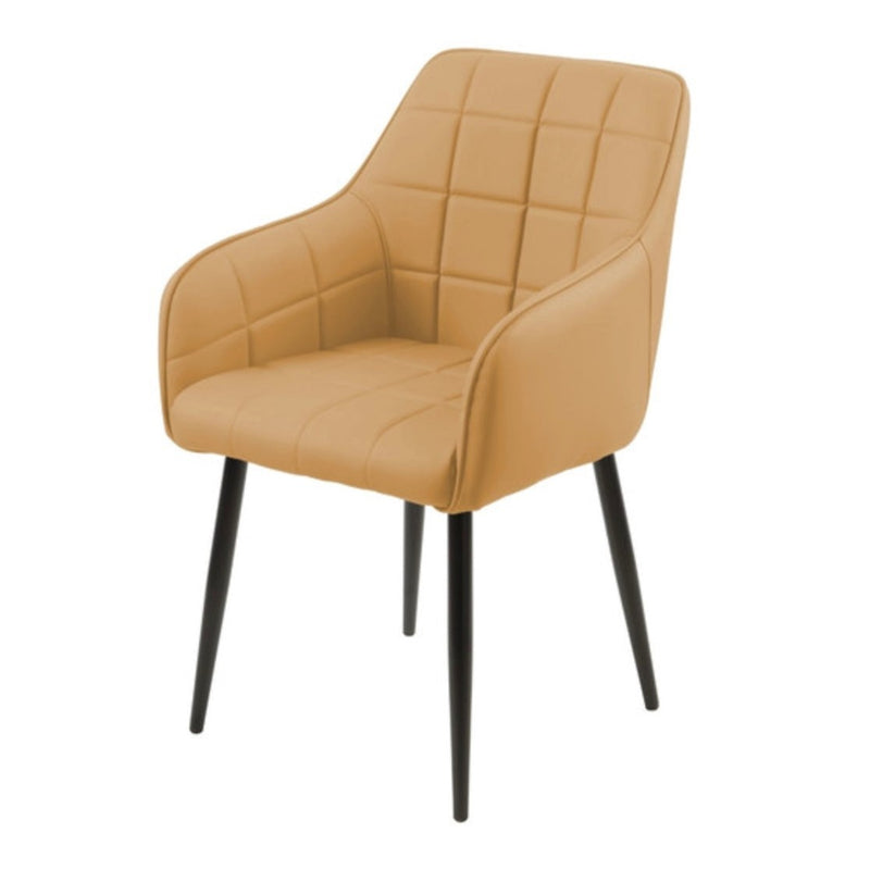 The Bianco dining chair is a modern upholstered bucket chair with tan quilted faux leather, black tapered legs, and a padded seat and backrest featuring a grid pattern.